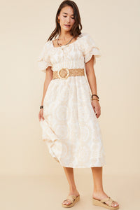 HY8574 Beige Womens Eyelet Lace Square Neck Smocked Dress Full Body