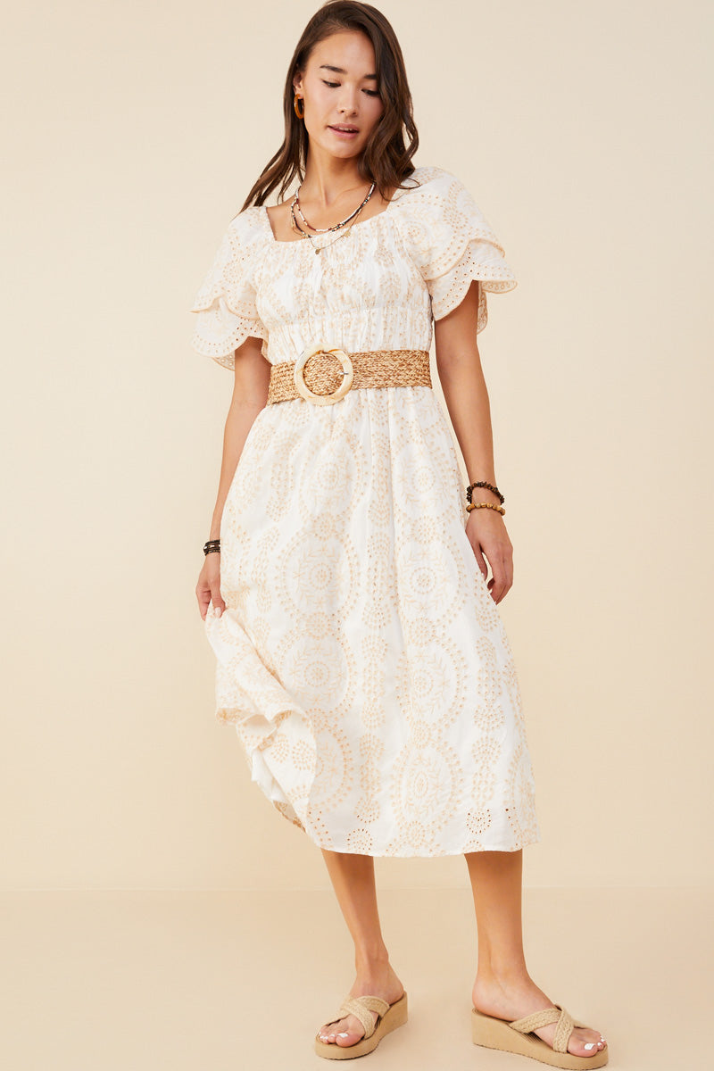Eyelet Lace Square Neck Smocked Dress