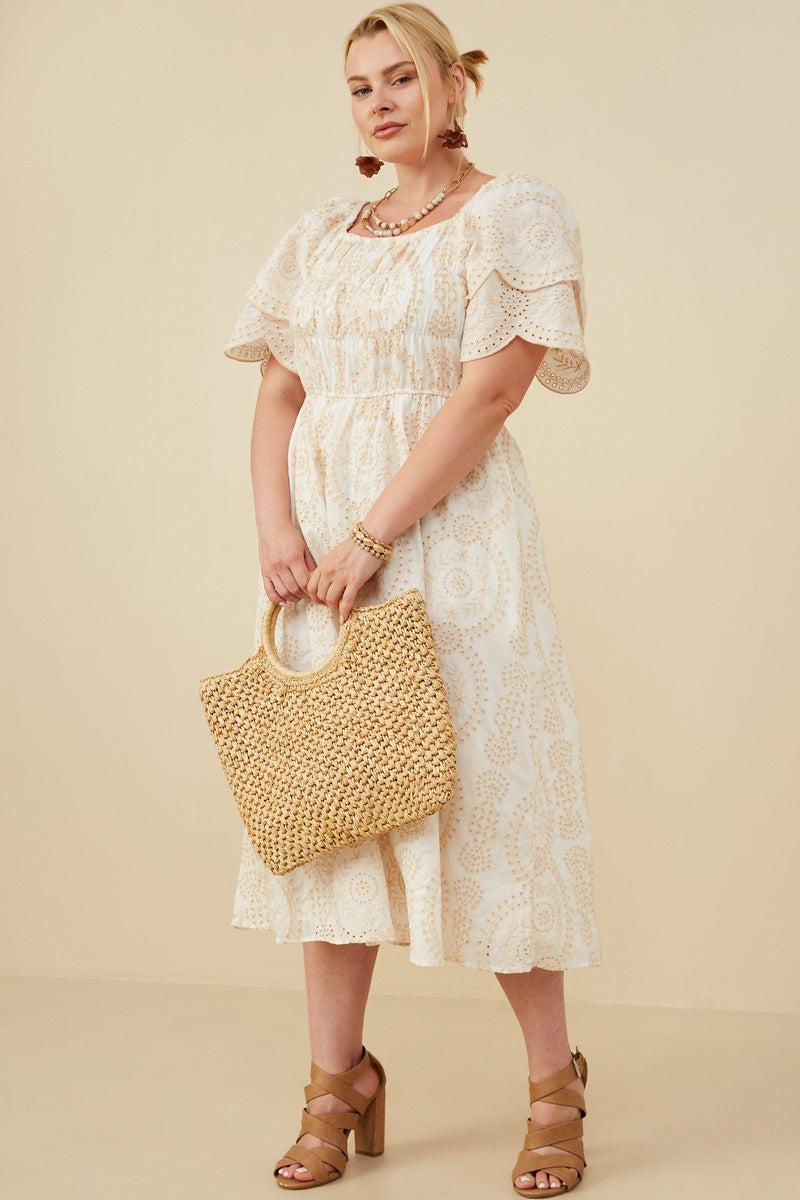 Eyelet Lace Square Neck Smocked Dress