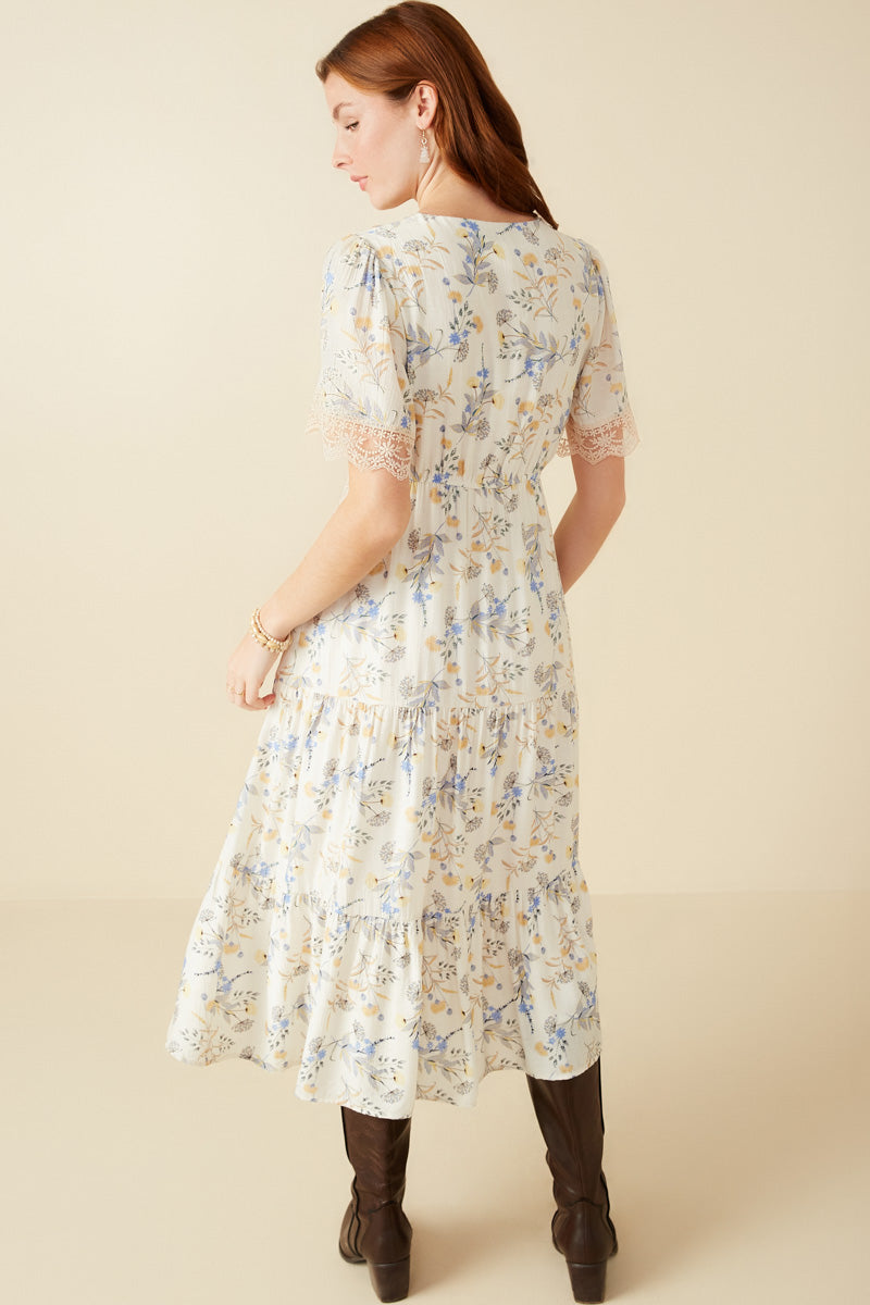 HY8575 Ivory Womens Contrast Lace Detailed Floral Dress Detail