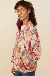 HY8579 Burgundy Womens Patch Print Quilted Light Padded Jacket Gif