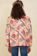 HY8579 Burgundy Womens Patch Print Quilted Light Padded Jacket Full Body