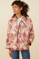 HY8579 Burgundy Womens Patch Print Quilted Light Padded Jacket Side