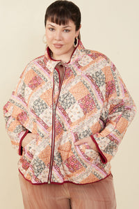 HY8579 Burgundy Womens Patch Print Quilted Light Padded Jacket Editorial