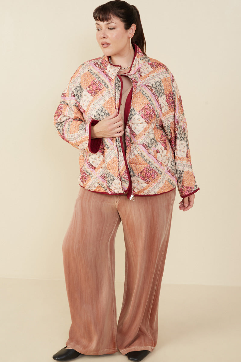 HY8579 Burgundy Womens Patch Print Quilted Light Padded Jacket Back