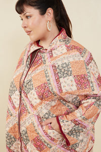 HY8579 Burgundy Womens Patch Print Quilted Light Padded Jacket Front 2