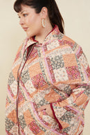 HY8579 Burgundy Womens Patch Print Quilted Light Padded Jacket Front 2