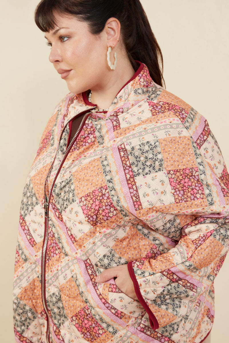 HY8579 Burgundy Womens Patch Print Quilted Light Padded Jacket Front 2