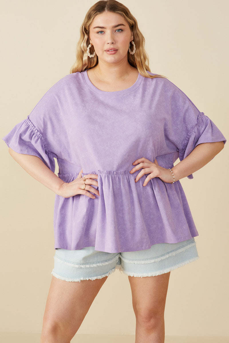 Drop Shoulder Ruffled Washed Knit Top