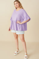 HY8582W Lavender Plus Drop Shoulder Ruffled Washed Knit Top Full Body