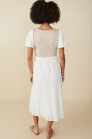 HY8586 Ivory Womens Mix Media Ribbed Knit Bodice Dress Back