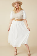 HY8586W Ivory Plus Mix Media Ribbed Knit Bodice Dress Full Body