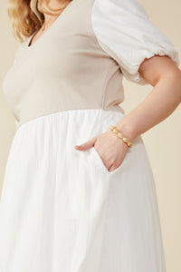 HY8586W Ivory Plus Mix Media Ribbed Knit Bodice Dress Detail