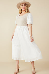 HY8586W Ivory Plus Mix Media Ribbed Knit Bodice Dress Front