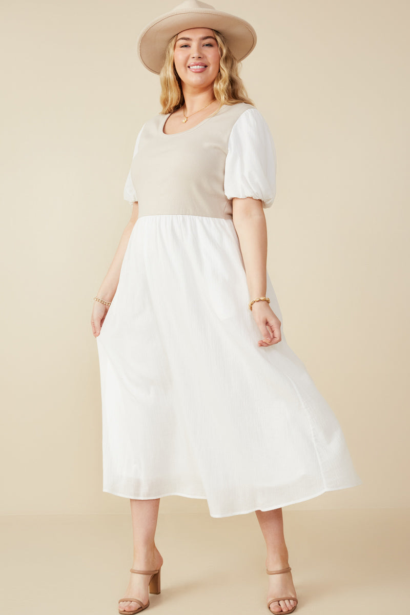 HY8586W Ivory Plus Mix Media Ribbed Knit Bodice Dress Front