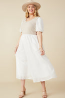 HY8586W Ivory Plus Mix Media Ribbed Knit Bodice Dress Front