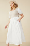 HY8586W Ivory Plus Mix Media Ribbed Knit Bodice Dress Side