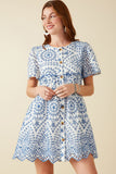 HY8587 Blue Womens Eyelet Embroidered Button Down Scallop Hem Dress Front