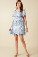 HY8587 Blue Womens Eyelet Embroidered Button Down Scallop Hem Dress Gif