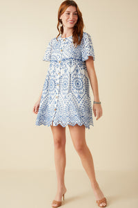 HY8587 Blue Womens Eyelet Embroidered Button Down Scallop Hem Dress Gif