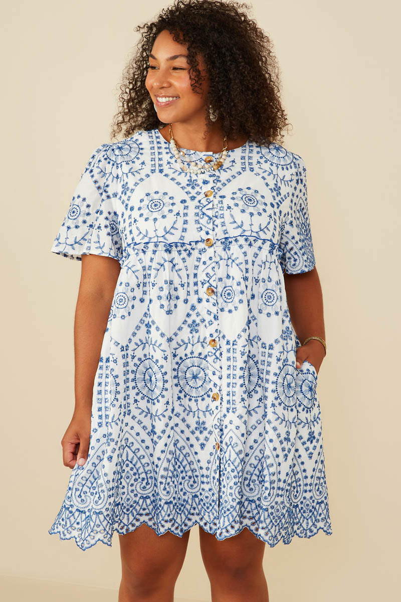 Eyelet Embroidered Button Down Scallop Hem Dress