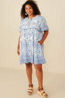 HY8587 Blue Womens Eyelet Embroidered Button Down Scallop Hem Dress Side