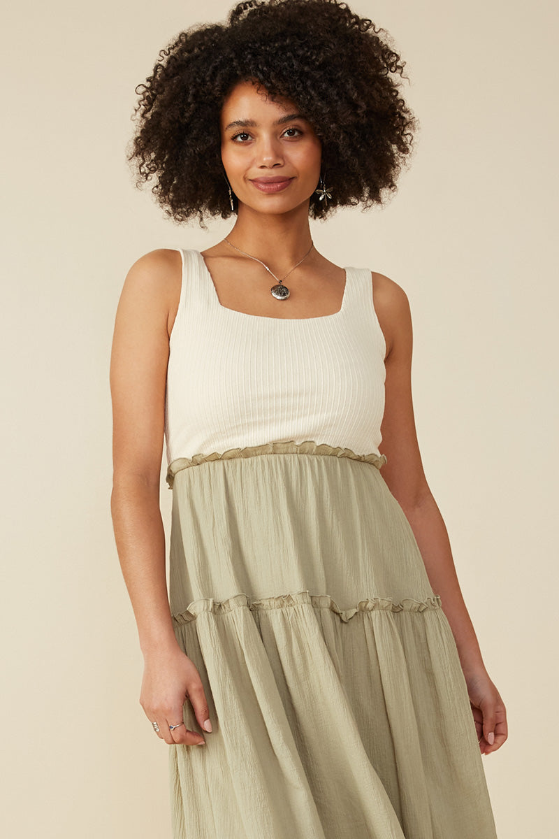 HY8593 Sage Womens Mix Media Ribbed Knit Square Neck Tank Dress Gif