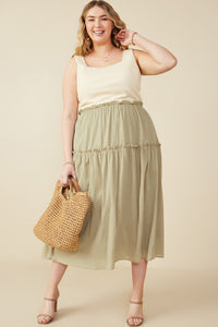 HY8593 Sage Womens Mix Media Ribbed Knit Square Neck Tank Dress Full Body