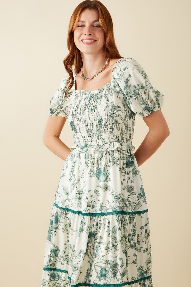 HY8594 Green Womens Botanical Print Lace Trimmed Satin Dress Gif