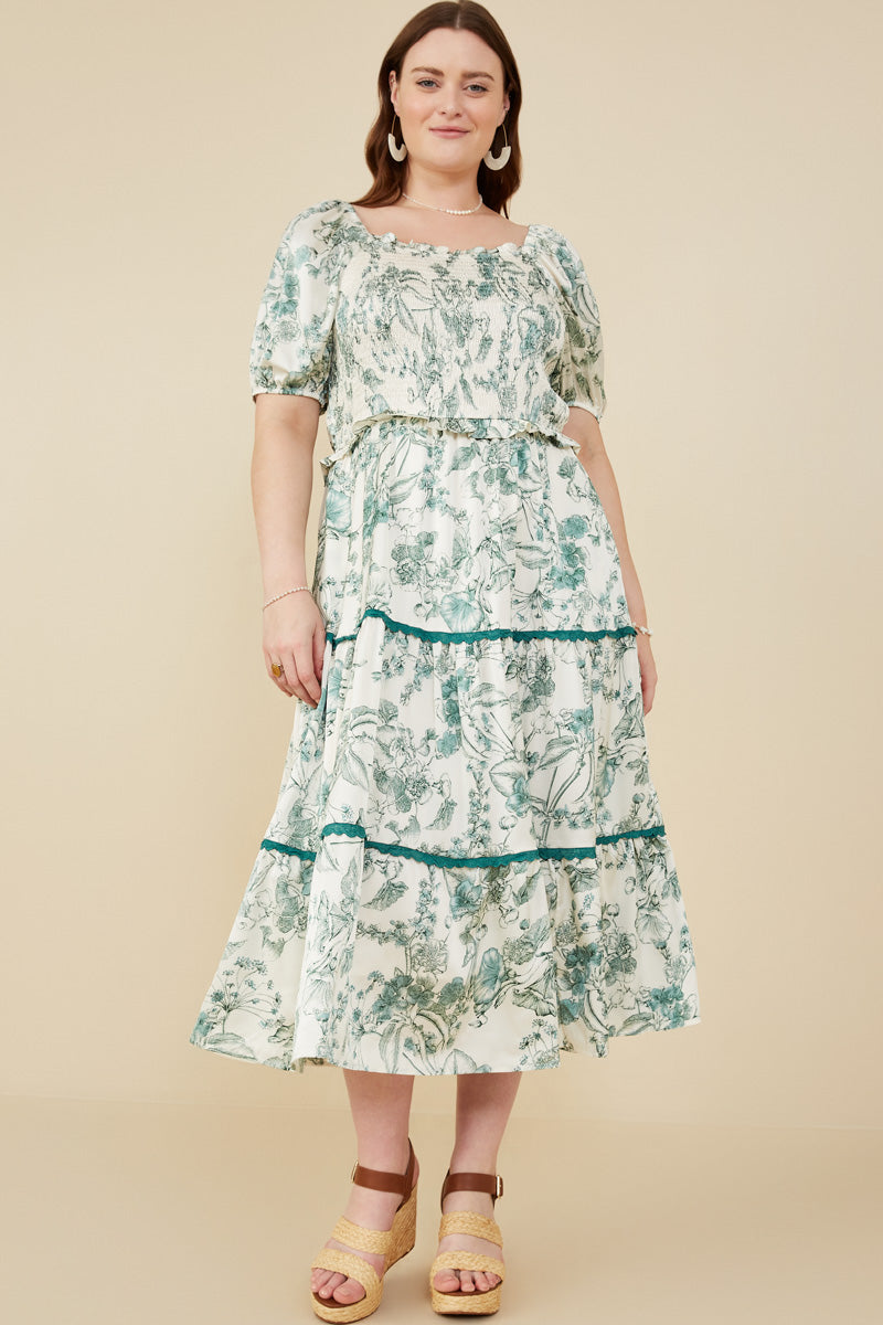Botanical Print Lace Trimmed Satin Dress Plus Size 1X Botanical Print Lace Trimmed Satin Dress Plus Size 1X