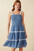 HY8597 Denim Womens Contrast Lace Detail Smocked Tank Dress Front