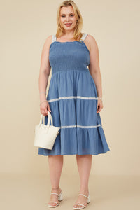 HY8597W Denim Plus Contrast Lace Detail Smocked Tank Dress Full Body