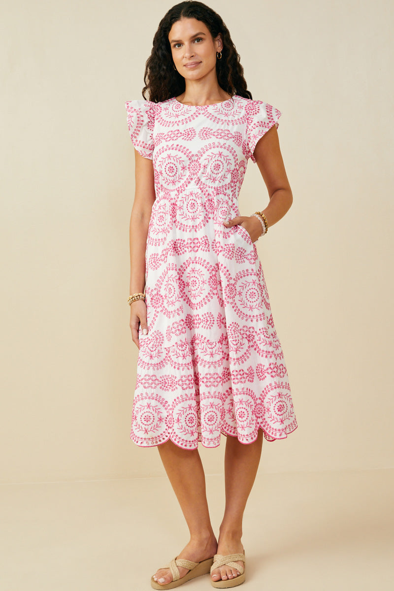 HY8603 Pink Womens Eyelet Embroidered Flutter Sleeve Scallop Hem Dress Gif