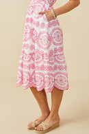 HY8603 Pink Womens Eyelet Embroidered Flutter Sleeve Scallop Hem Dress Full Body