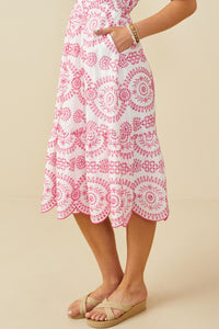 HY8603 Pink Womens Eyelet Embroidered Flutter Sleeve Scallop Hem Dress Full Body