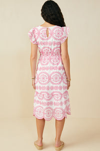 HY8603 Pink Womens Eyelet Embroidered Flutter Sleeve Scallop Hem Dress Detail