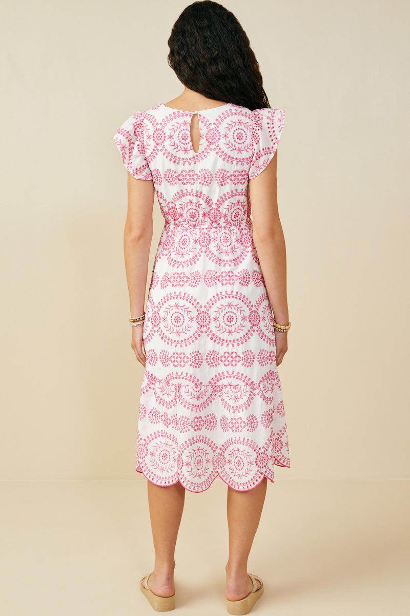 HY8603 Pink Womens Eyelet Embroidered Flutter Sleeve Scallop Hem Dress Detail