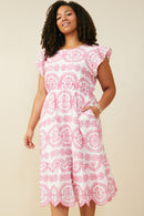 HY8603W Pink Plus Eyelet Embroidered Flutter Sleeve Scallop Hem Dress Front