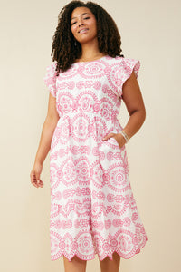 HY8603W Pink Plus Eyelet Embroidered Flutter Sleeve Scallop Hem Dress Front