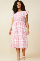 HY8603 Pink Womens Eyelet Embroidered Flutter Sleeve Scallop Hem Dress Back