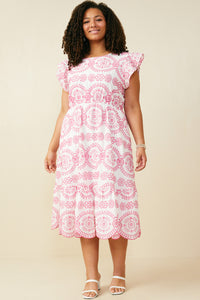 HY8603 Pink Womens Eyelet Embroidered Flutter Sleeve Scallop Hem Dress Back