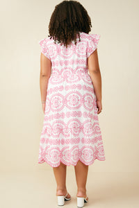 HY8603W Pink Plus Eyelet Embroidered Flutter Sleeve Scallop Hem Dress Full Body