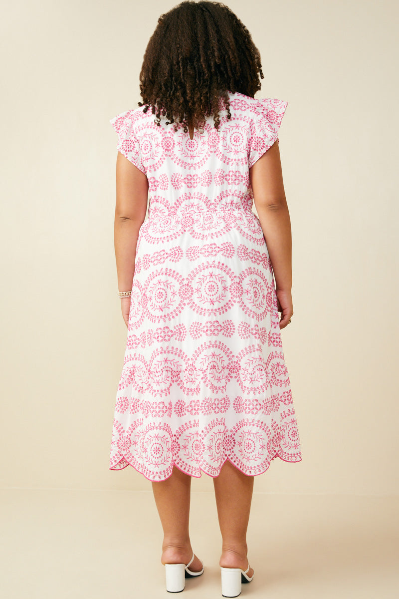 HY8603W Pink Plus Eyelet Embroidered Flutter Sleeve Scallop Hem Dress Full Body