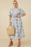 HY8607 Blue Womens Antique Floral Twist Waist Tie Dress Front