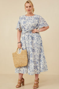 HY8607 Blue Womens Antique Floral Twist Waist Tie Dress Front