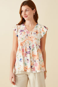 HY8608 Orange Mix Womens Soft Floral Ruffle Detail Swing Top Back