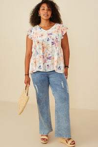 HY8608 Orange Mix Womens Soft Floral Ruffle Detail Swing Top Front