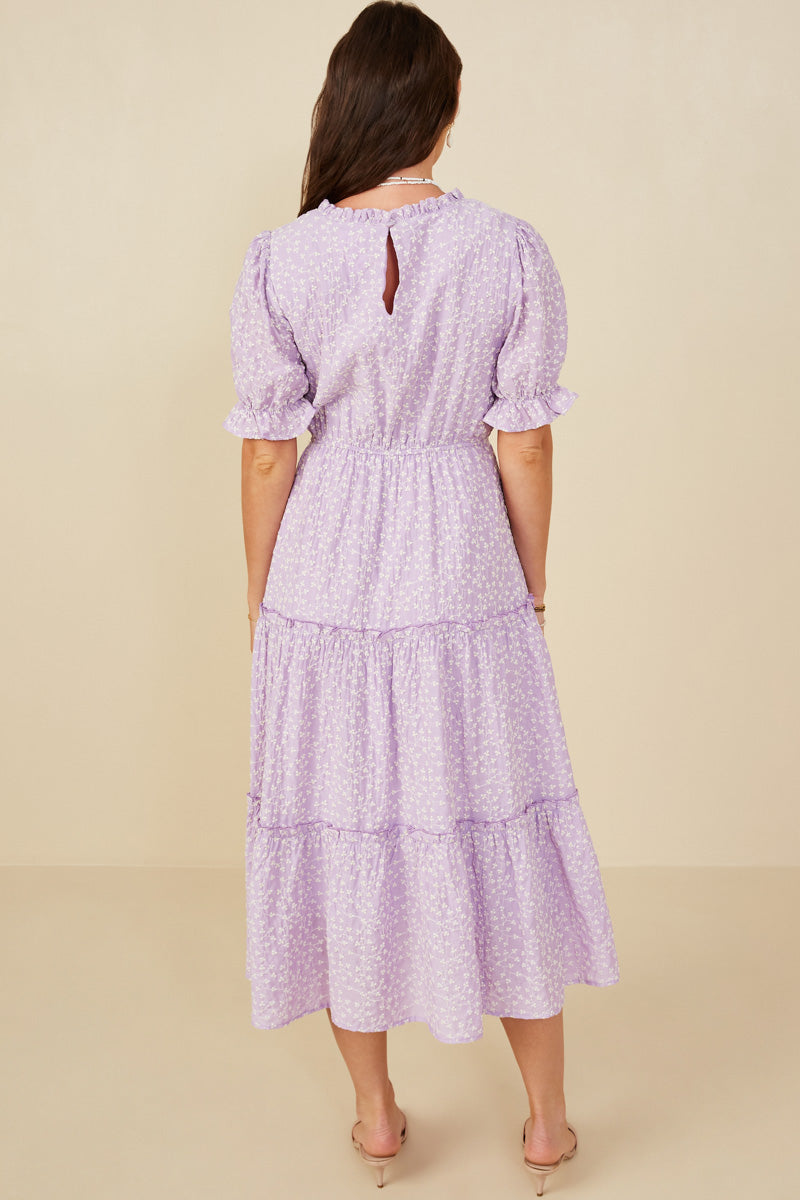 HY8609 Lavender Womens Ditsy Floral Embroidered Tiered Dress Detail