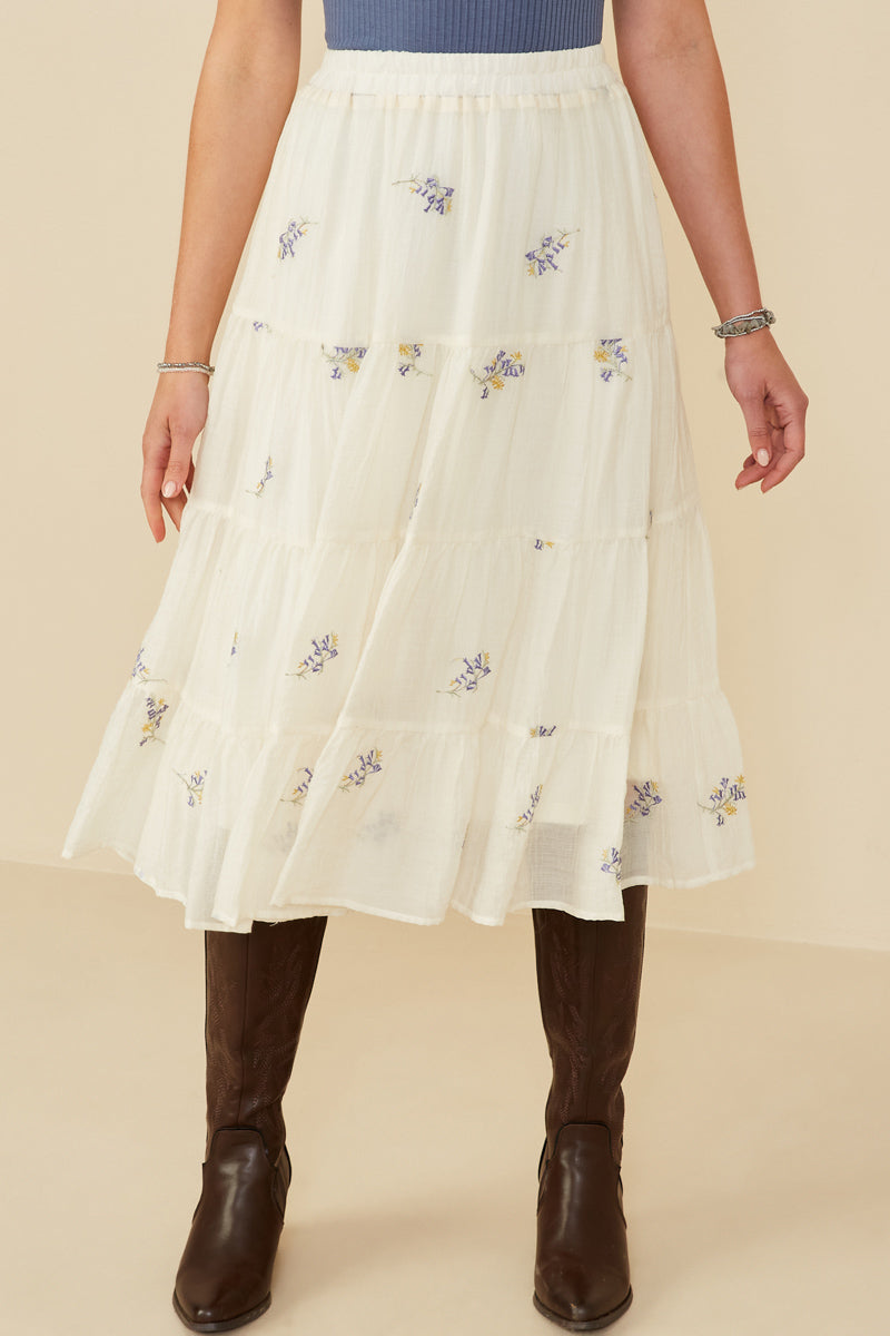 Floral Embroidered Tiered Elastic Waist Skirt