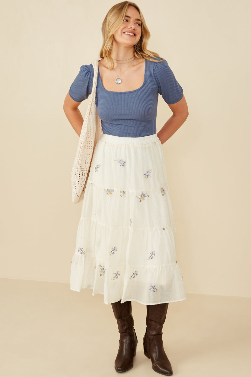 HY8612 Lavender Womens Floral Embroidered Tiered Elastic Waist Skirt Back